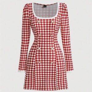 Red gingham square neck dress